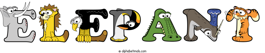 Elepant animal word art spelling Elepant with Alphabetimals - cartoon alphabet animals