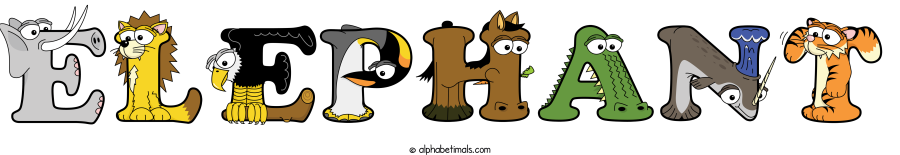 Elephant animal word art spelling Elephant with Alphabetimals - cartoon alphabet animals