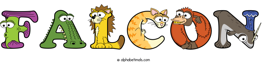 Falcon animal word art spelling Falcon with Alphabetimals - cartoon alphabet animals