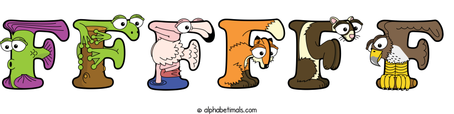 Ffffff animal word art spelling Ffffff with Alphabetimals - cartoon alphabet animals