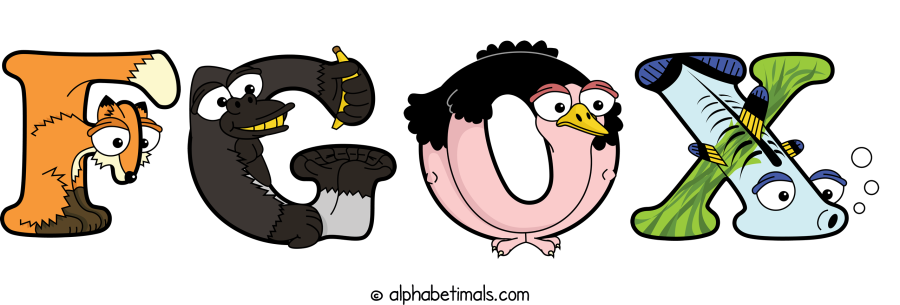 Fgox animal word art spelling Fgox with Alphabetimals - cartoon alphabet animals