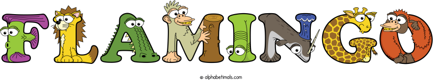 Flamingo animal word art spelling Flamingo with Alphabetimals - cartoon alphabet animals