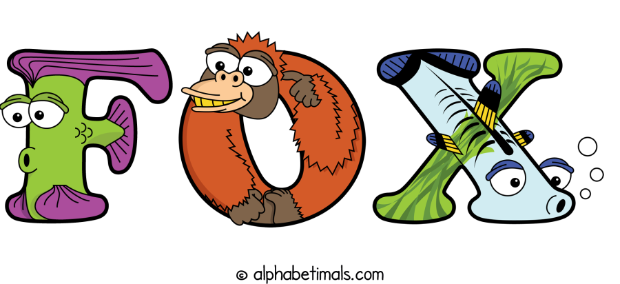 Fox animal word art spelling Fox with Alphabetimals - cartoon alphabet animals