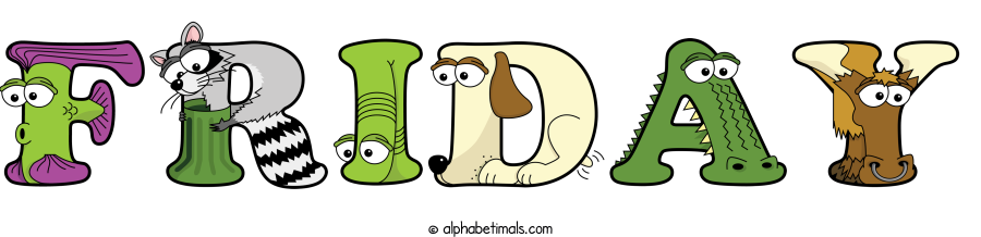 Friday animal word art spelling Friday with Alphabetimals - cartoon alphabet animals