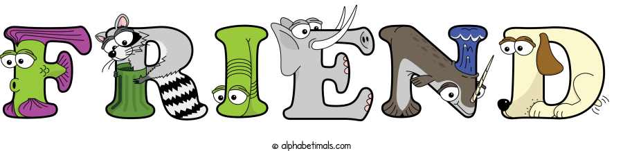 Friend animal word art spelling Friend with Alphabetimals - cartoon alphabet animals