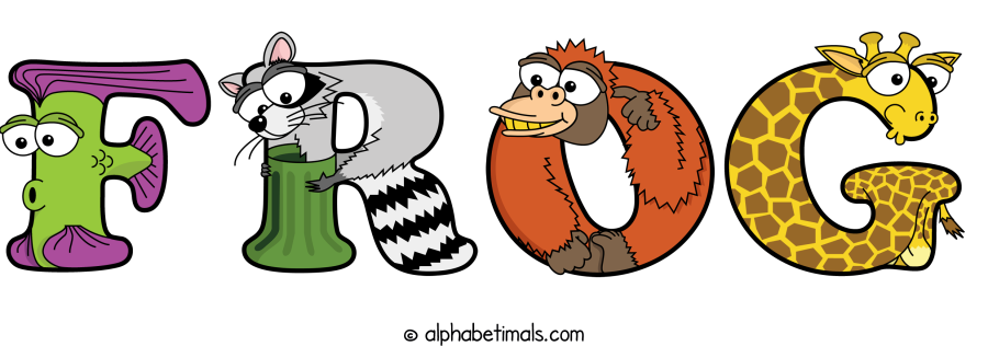 Frog animal word art spelling Frog with Alphabetimals - cartoon alphabet animals