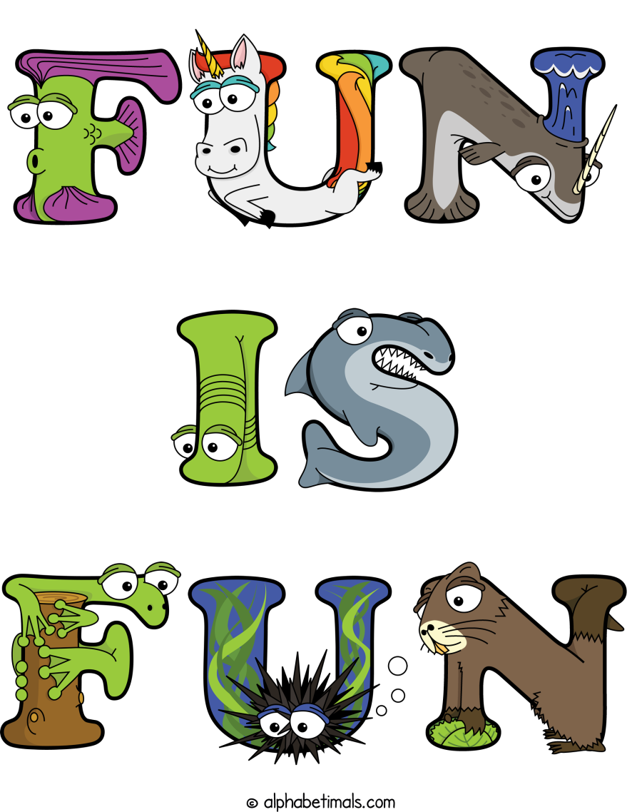 Fun Is Fun animal word art spelling Fun Is Fun with Alphabetimals - cartoon alphabet animals