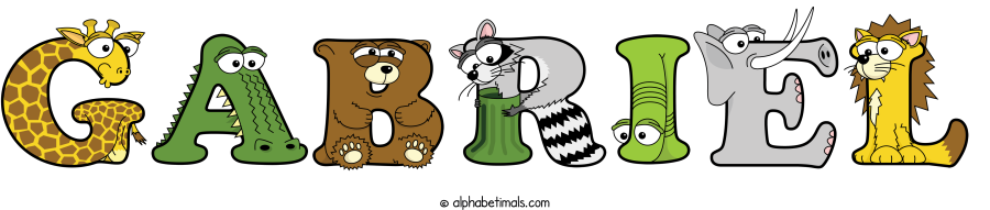 Gabriel animal word art spelling Gabriel with Alphabetimals - cartoon alphabet animals