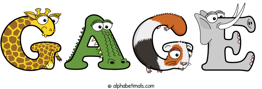 Gage animal word art spelling Gage with Alphabetimals - cartoon alphabet animals