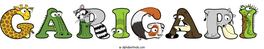 Garigari animal word art spelling Garigari with Alphabetimals - cartoon alphabet animals