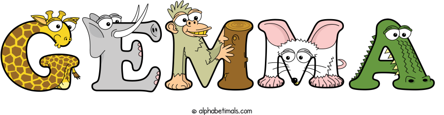 Gemma animal word art spelling Gemma with Alphabetimals - cartoon alphabet animals