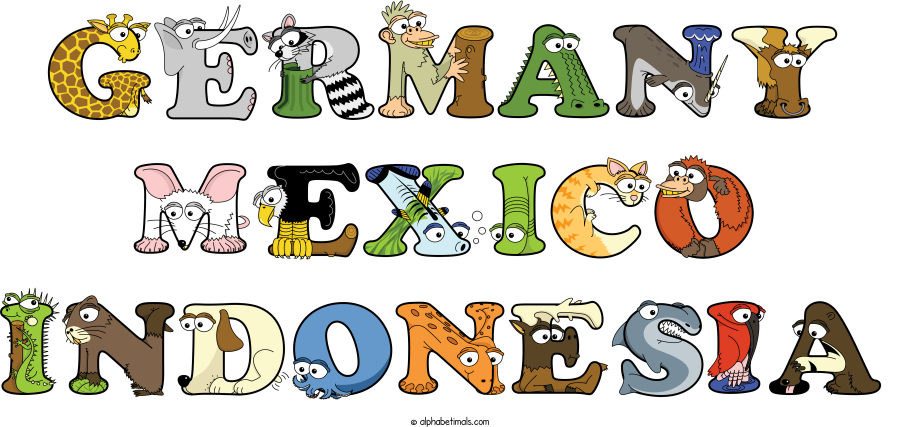 Germany Mexico Indonesia animal word art spelling Germany Mexico Indonesia with Alphabetimals - cartoon alphabet animals