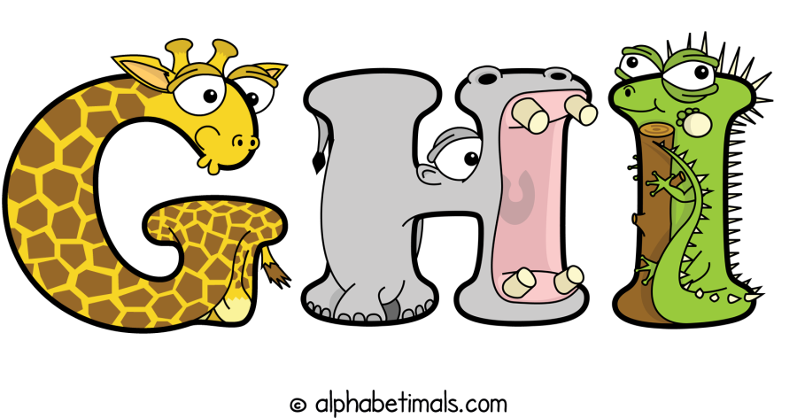 Ghi animal word art spelling Ghi with Alphabetimals - cartoon alphabet animals