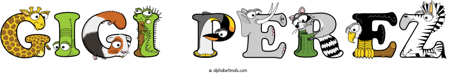 Gigi Perez animal word art spelling Gigi Perez with Alphabetimals - cartoon alphabet animals