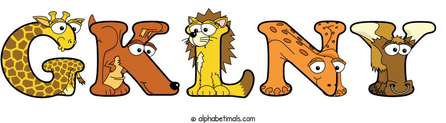 Gklny animal word art spelling Gklny with Alphabetimals - cartoon alphabet animals