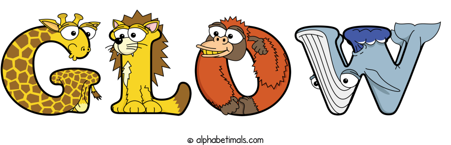 Glow animal word art spelling Glow with Alphabetimals - cartoon alphabet animals