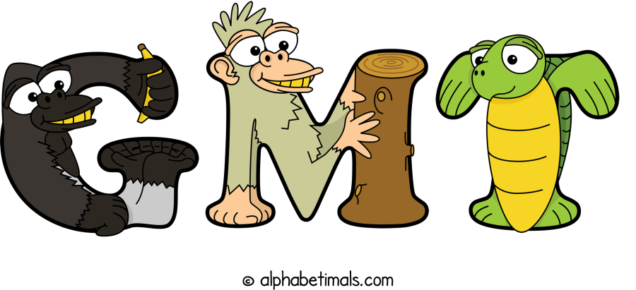 Gmt animal word art spelling Gmt with Alphabetimals - cartoon alphabet animals