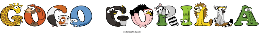 Gogo Gorilla animal word art spelling Gogo Gorilla with Alphabetimals - cartoon alphabet animals