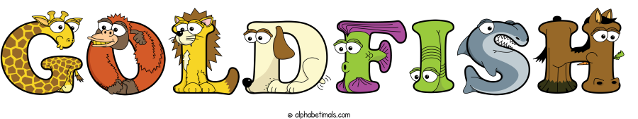 Goldfish animal word art spelling Goldfish with Alphabetimals - cartoon alphabet animals