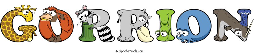 Gorrion animal word art spelling Gorrion with Alphabetimals - cartoon alphabet animals