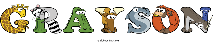 Grayson animal word art spelling Grayson with Alphabetimals - cartoon alphabet animals