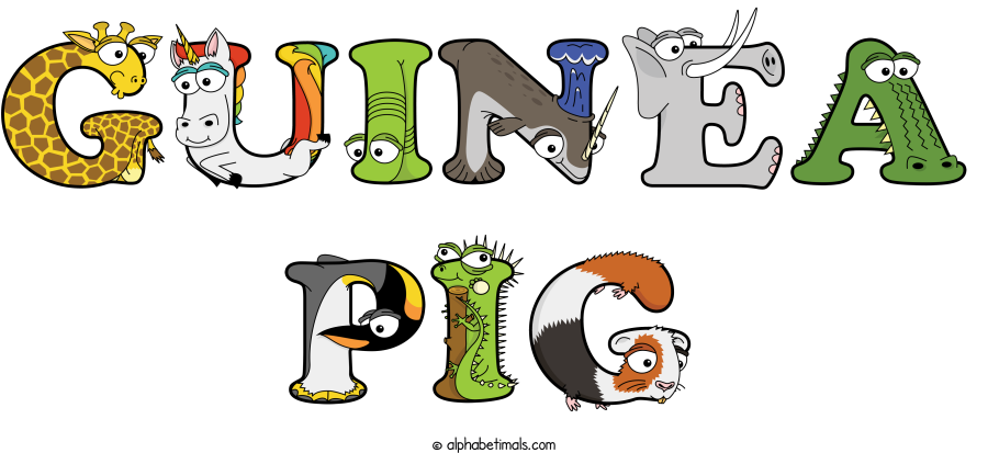 Guinea Pig animal word art spelling Guinea Pig with Alphabetimals - cartoon alphabet animals