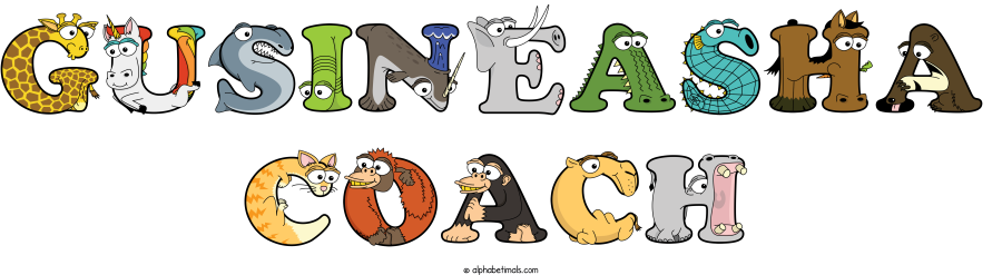 Gusineasha-coach animal word art spelling Gusineasha-coach with Alphabetimals - cartoon alphabet animals