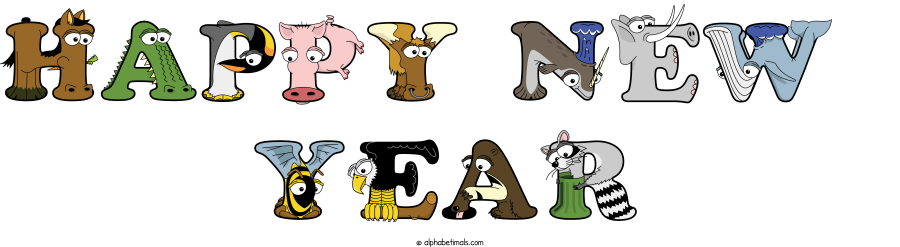 Happy New  Year animal word art spelling Happy New  Year with Alphabetimals - cartoon alphabet animals