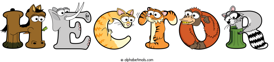 Hector animal word art spelling Hector with Alphabetimals - cartoon alphabet animals