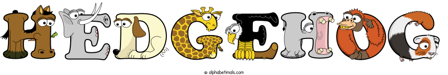 Hedgehog animal word art spelling Hedgehog with Alphabetimals - cartoon alphabet animals