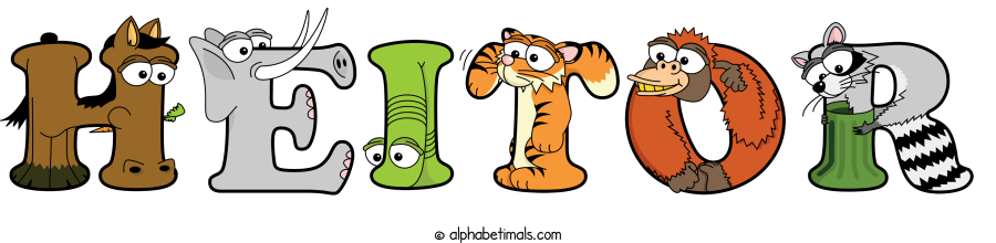 Heitor animal word art spelling Heitor with Alphabetimals - cartoon alphabet animals