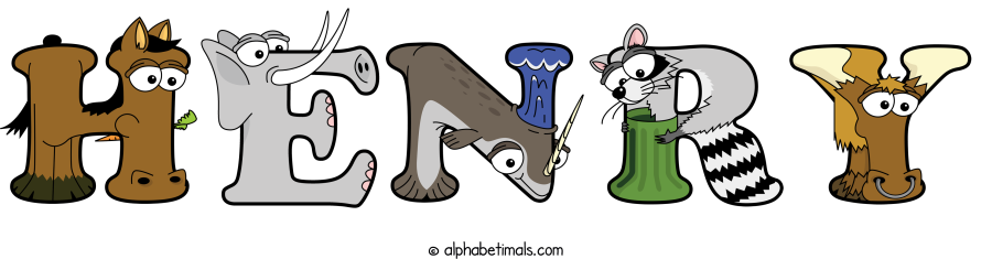 Henry animal word art spelling Henry with Alphabetimals - cartoon alphabet animals