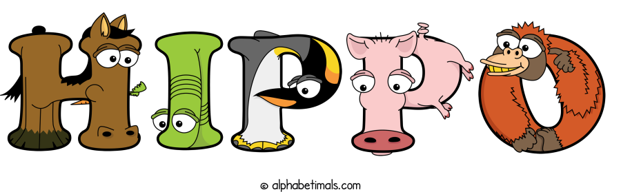 Hippo animal word art spelling Hippo with Alphabetimals - cartoon alphabet animals