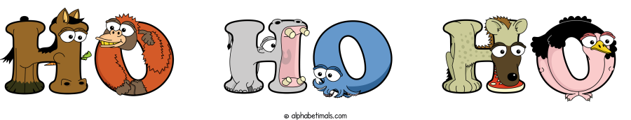 Ho Ho Ho animal word art spelling Ho Ho Ho with Alphabetimals - cartoon alphabet animals