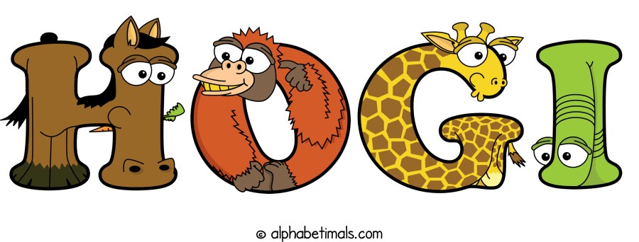 Hogi animal word art spelling Hogi with Alphabetimals - cartoon alphabet animals