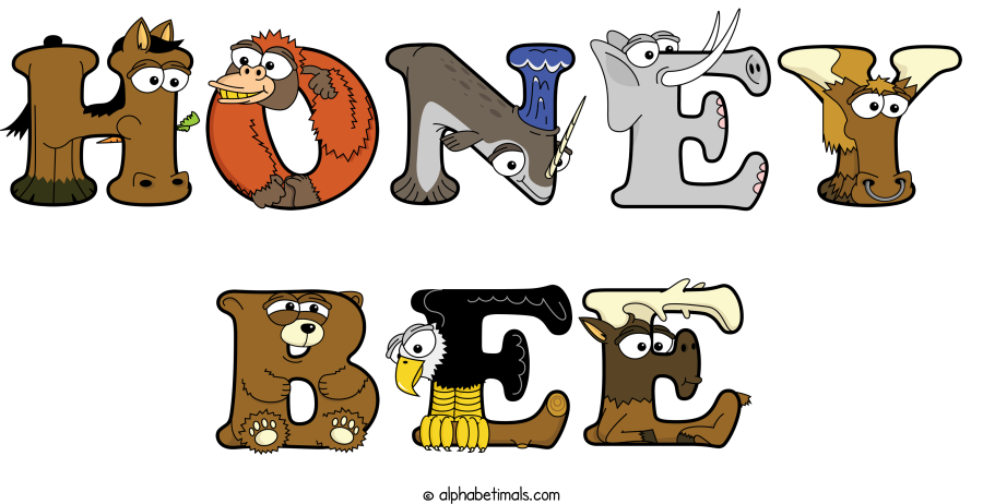 Honey Bee animal word art spelling Honey Bee with Alphabetimals - cartoon alphabet animals