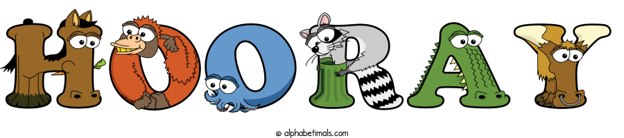 Hooray animal word art spelling Hooray with Alphabetimals - cartoon alphabet animals