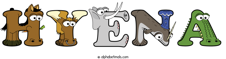 Hyena animal word art spelling Hyena with Alphabetimals - cartoon alphabet animals