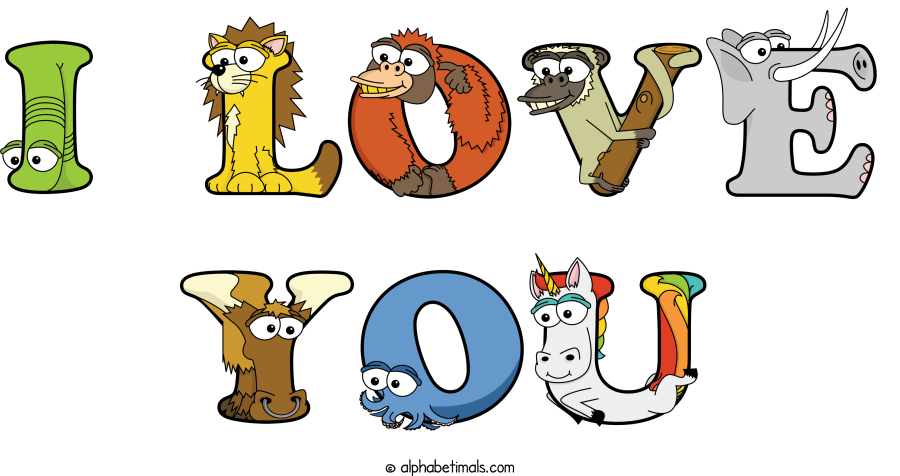 I-love-you animal word art spelling I-love-you with Alphabetimals - cartoon alphabet animals