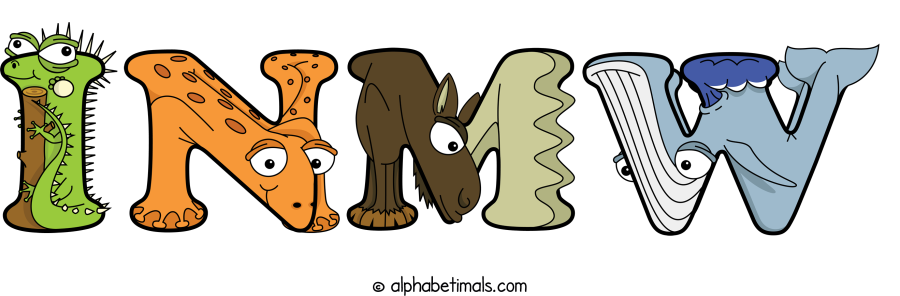 Inmw animal word art spelling Inmw with Alphabetimals - cartoon alphabet animals