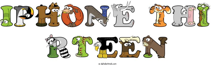 Iphone Thi Rteen animal word art spelling Iphone Thi Rteen with Alphabetimals - cartoon alphabet animals