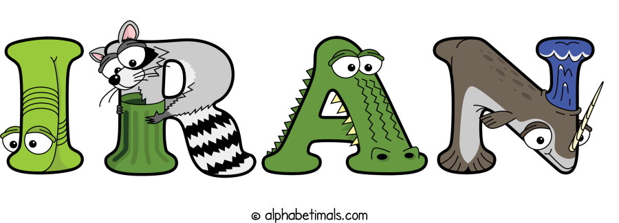 Iran animal word art spelling Iran with Alphabetimals - cartoon alphabet animals