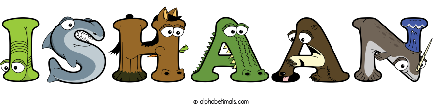 Ishaan animal word art spelling Ishaan with Alphabetimals - cartoon alphabet animals