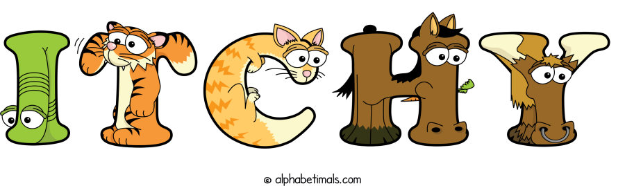 Itchy animal word art spelling Itchy with Alphabetimals - cartoon alphabet animals