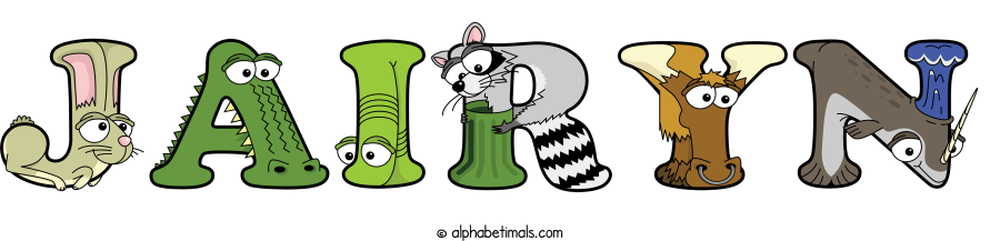 Jairyn animal word art spelling Jairyn with Alphabetimals - cartoon alphabet animals