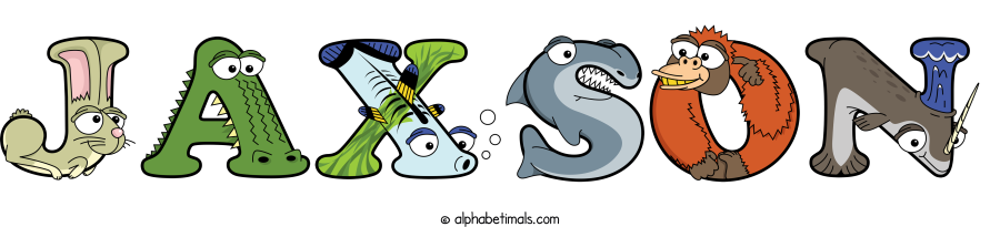 Jaxson animal word art spelling Jaxson with Alphabetimals - cartoon alphabet animals