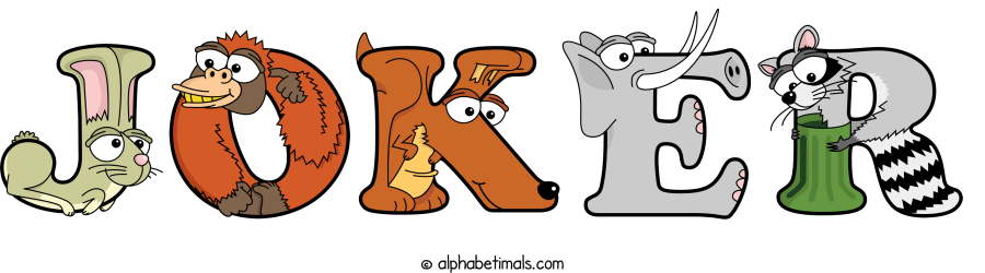Joker animal word art spelling Joker with Alphabetimals - cartoon alphabet animals