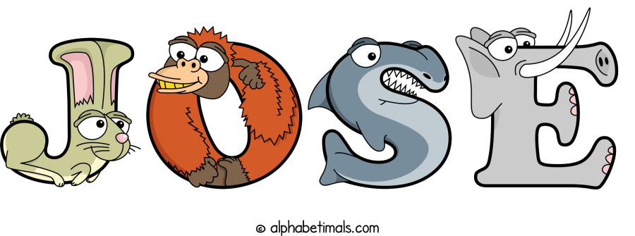 Jose animal word art spelling Jose with Alphabetimals - cartoon alphabet animals