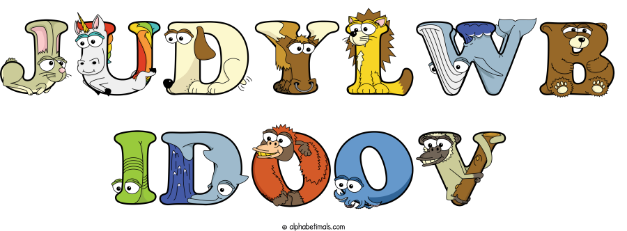 Judylwb Idoov animal word art spelling Judylwb Idoov with Alphabetimals - cartoon alphabet animals