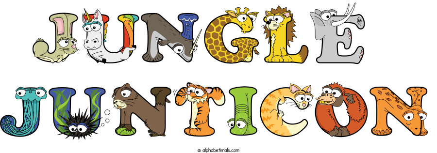 Jungle  Junticon animal word art spelling Jungle  Junticon with Alphabetimals - cartoon alphabet animals